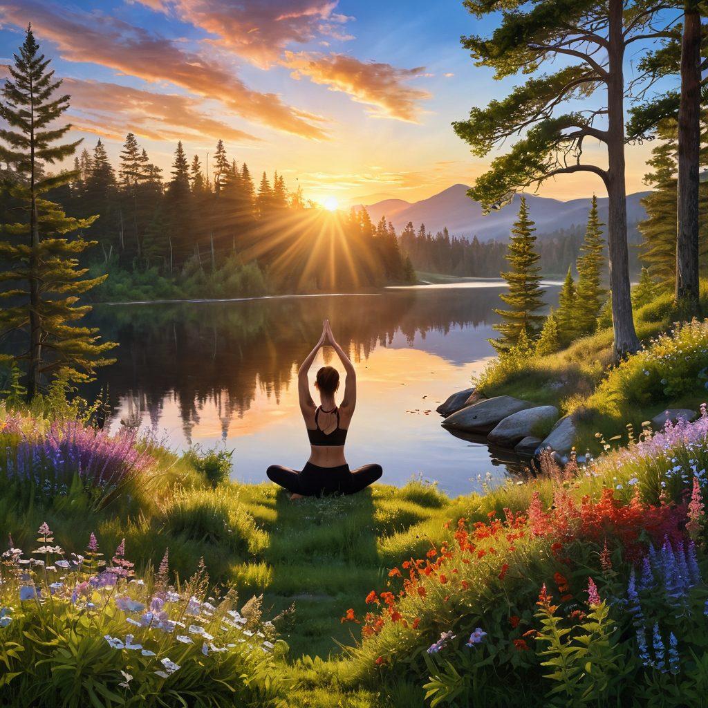 A serene landscape featuring a person practicing yoga on a hilltop at sunrise, surrounded by vibrant wildflowers, symbolizing positivity and growth. Soft rays of sunlight filtering through the trees create a warm, inviting atmosphere. In the background, a tranquil lake mirrors the colorful sky, representing balance in life. The scene reflects harmony, tranquility, and the journey of personal growth. painting. vibrant colors.