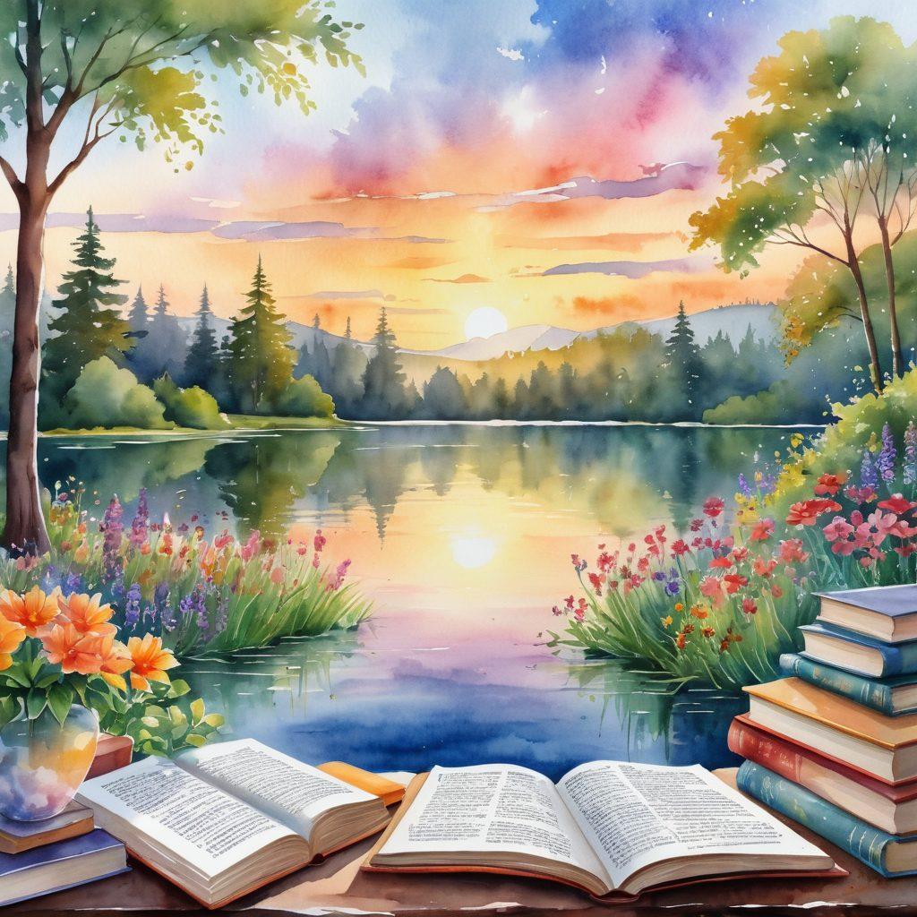 A serene landscape featuring a glowing sunrise over a calm lake, symbolizing new beginnings. Include a person practicing yoga on the shore, surrounded by lush greenery and colorful flowers. In the foreground, scattered books with titles about happiness and health, hinting at strategies for well-being. The scene should evoke tranquility and positivity. watercolor painting. vibrant colors.