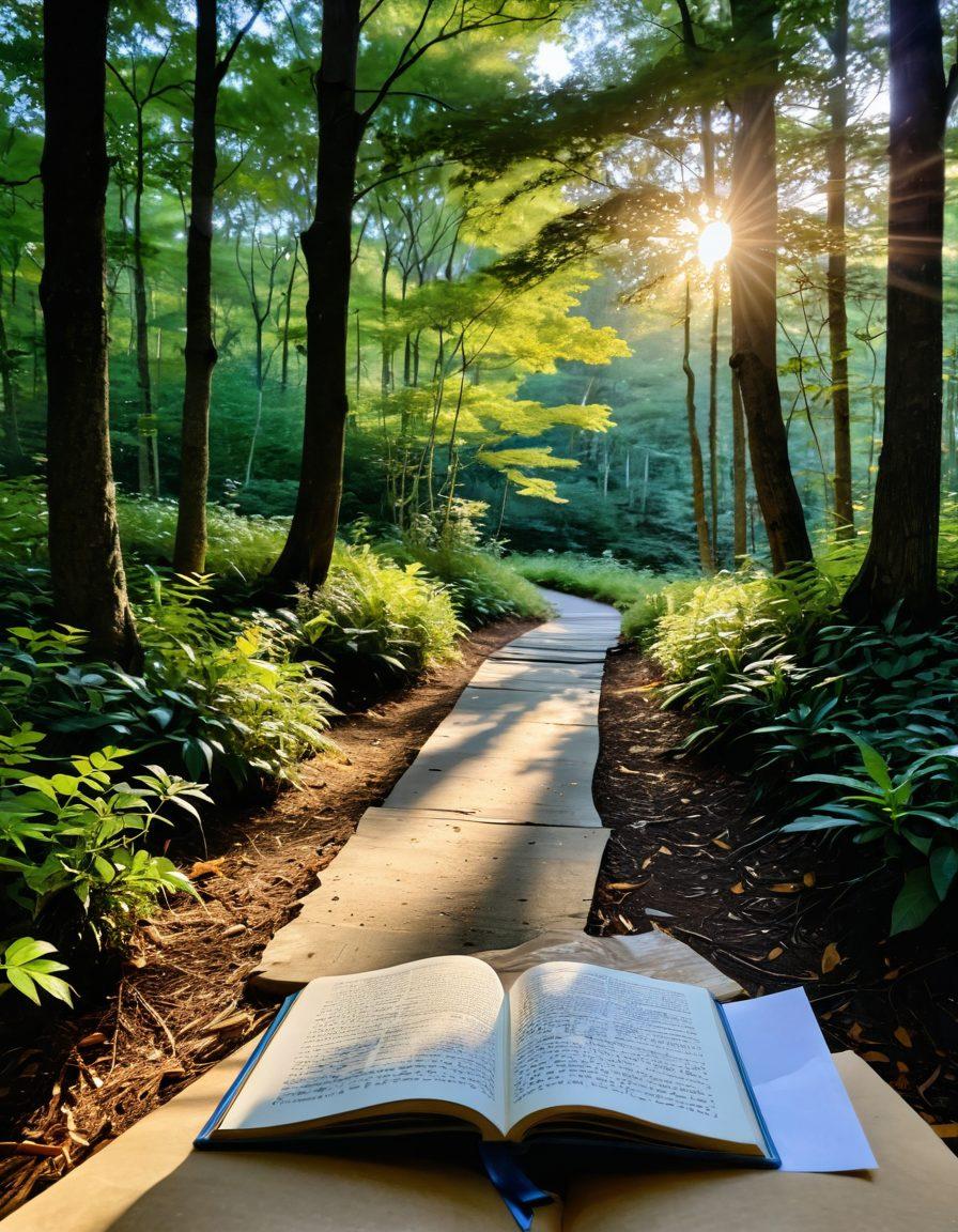 A serene landscape depicting a winding path through a vibrant forest, with golden sunlight filtering through the leaves. Along the path, people of diverse backgrounds are practicing gratitude, sharing smiles and supportive gestures. In the foreground, a journal with written gratitude notes sits open, symbolizing reflection and growth. The sky is a soft blue with fluffy clouds, enhancing a feeling of peace and fulfillment. super-realistic. vibrant colors. soft focus.